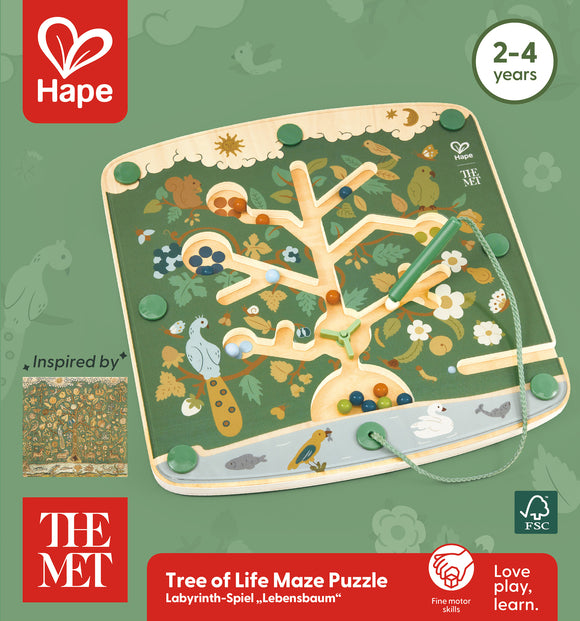 Box cover of wooden tree-shaped marble puzzle with stylus