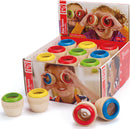 Red, Blue, Yellow, and Green eye spies, wooden tube toys with faceted plastic lenses in display box depicting children holding them up to their eyes