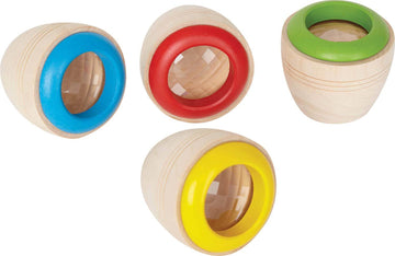 Red, Blue, Yellow, and Green eye spies, wooden tube toys with faceted plastic lenses