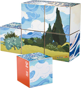 6 illustrated cubes stacked to depict trees, bushes, and a clouded sky