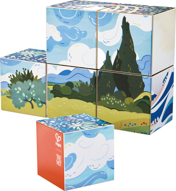 6 illustrated cubes stacked to depict trees, bushes, and a clouded sky