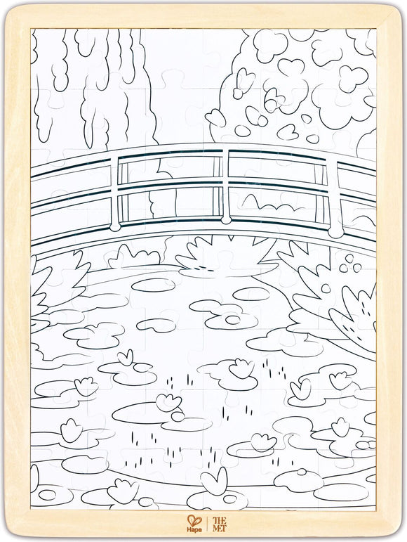 black and white line art puzzle of bridge over water lily covered pond in wooden frame