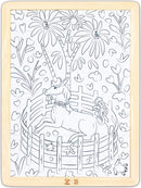 black and white line art puzzles pieces of unicorn in a round garden pen, completed in light wooden frame
