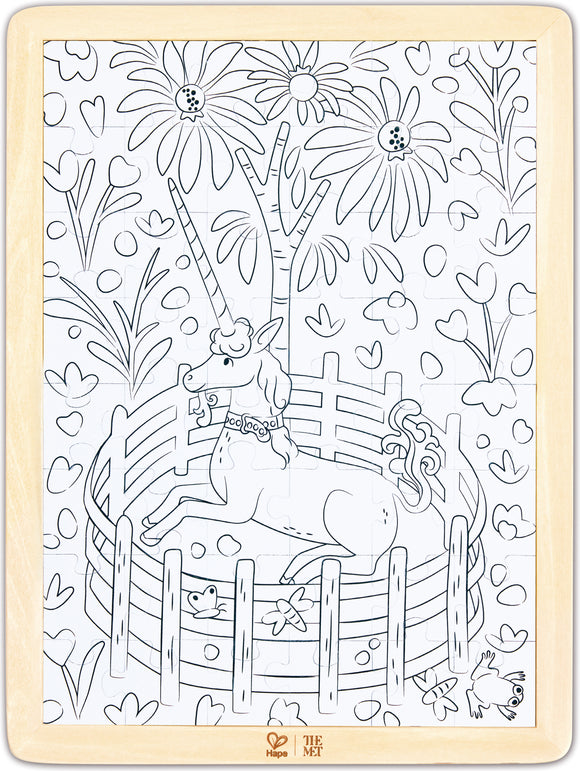 black and white line art puzzles pieces of unicorn in a round garden pen, completed in light wooden frame