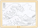 black and white line art puzzle pieces of great wave puzzle in wooden frame