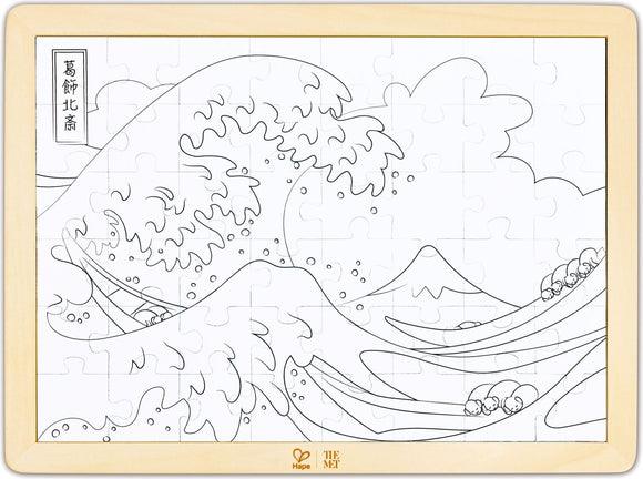 black and white line art puzzle pieces of great wave puzzle in wooden frame