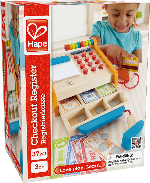 A colorful Checkout Register from Hape, featuring a wooden design with red buttons, an abacus on top, and an open drawer displaying play money and coins. Ideal for imaginative play, this toy encourages children to learn about counting and transactions while having fun.