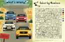 A colorful activity book titled 'In the Car Activity Book' designed for children. The left page features a scene entitled 'What's Wrong?' with four cars driving to a beach and prompts to find hidden mistakes. The right page shows a 'Color-by-Numbers' activity where kids can color in numbered shapes, primarily featuring cars, enhancing their creativity while on the go.