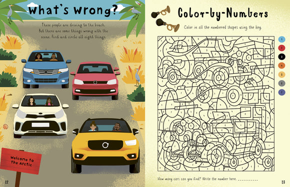A colorful activity book titled 'In the Car Activity Book' designed for children. The left page features a scene entitled 'What's Wrong?' with four cars driving to a beach and prompts to find hidden mistakes. The right page shows a 'Color-by-Numbers' activity where kids can color in numbered shapes, primarily featuring cars, enhancing their creativity while on the go.