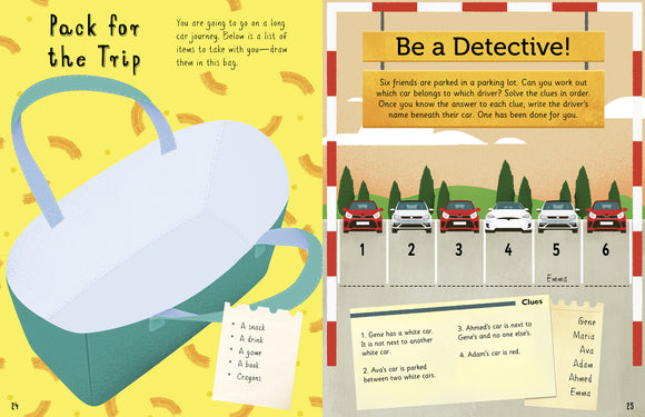 In the Car Activity Book by The Quarto Group showcases engaging activities for children, including a packing list and a car detective game that encourages problem-solving and creative thinking.