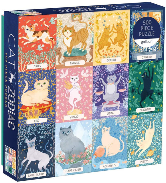 The Cat Zodiac jigsaw puzzle by Galison features 12 playful cat illustrations representing the zodiac signs, each adorned with vibrant colors and intricate backgrounds. The puzzle includes 500 pieces, offering a fun and engaging activity for cat lovers and astrology enthusiasts alike.