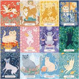 A colorful jigsaw puzzle titled 'Cat Zodiac' by Galison featuring 12 whimsical cat illustrations, each representing a zodiac sign. The puzzle displays a vibrant design with playful cats, floral motifs, and labeled zodiac symbols including Aries, Taurus, Gemini, Cancer, Leo, Virgo, Libra, Scorpio, Sagittarius, Capricorn, Aquarius, and Pisces, providing a delightful challenge for cat lovers and astrology enthusiasts alike.