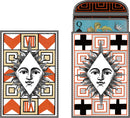 A set of Christian Lacroix Playing Cards featuring a striking design. One side displays a brightly colored face card with a crowned queen against a decorative background. The other side shows a geometric pattern in vibrant orange, black, and cream, centered around a stylized sun face, showcasing intricate details and artistry. Ideal for game enthusiasts and collectors.