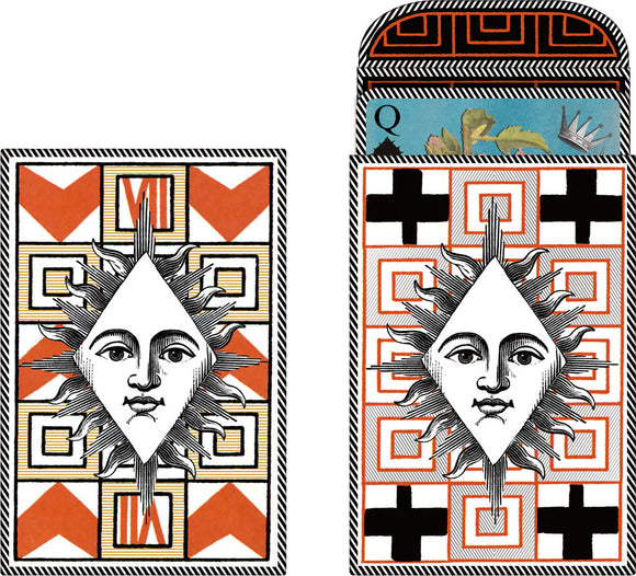 A set of Christian Lacroix Playing Cards featuring a striking design. One side displays a brightly colored face card with a crowned queen against a decorative background. The other side shows a geometric pattern in vibrant orange, black, and cream, centered around a stylized sun face, showcasing intricate details and artistry. Ideal for game enthusiasts and collectors.