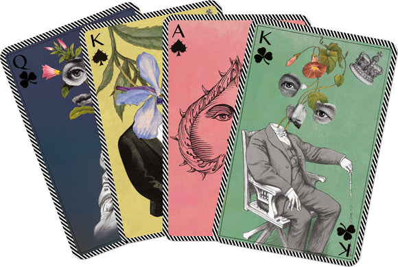 A vibrant set of Christian Lacroix Playing Cards featuring artistic designs. Each card showcases unique illustrations, including abstract human faces with flora and striking colors, perfect for elegant game nights.