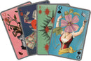 Christian Lacroix Playing Cards featuring unique artistic designs including surreal illustrations of queens and kings with floral and whimsical elements. The cards are beautifully crafted with intricate details and vibrant colors, perfect for adding a touch of elegance to your game night.
