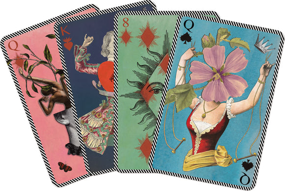 Christian Lacroix Playing Cards featuring unique artistic designs including surreal illustrations of queens and kings with floral and whimsical elements. The cards are beautifully crafted with intricate details and vibrant colors, perfect for adding a touch of elegance to your game night.