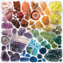 A colorful jigsaw puzzle featuring an arrangement of various crystals and gemstones. The puzzle showcases a vibrant array of colors, including pinks, reds, yellows, greens, blues, and purples. Each crystal displays unique shapes and textures, creating a visually striking piece for puzzle enthusiasts.