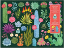 A vibrant 1000-piece jigsaw puzzle titled 'Desert Flora' made by Galison. The puzzle features a colorful assortment of desert plants, including cacti, succulents, and flowers, set against a dark green background. It includes a special feature of 20 uniquely shaped jigsaw pieces, perfect for nature lovers and puzzle enthusiasts.