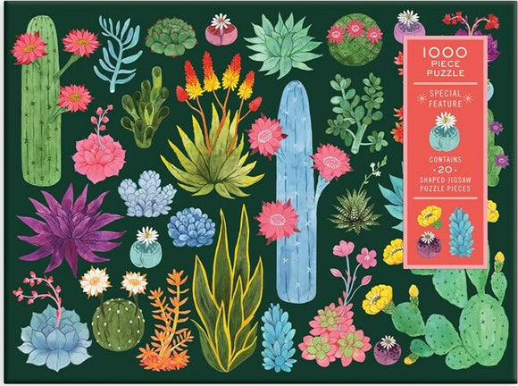 A vibrant 1000-piece jigsaw puzzle titled 'Desert Flora' made by Galison. The puzzle features a colorful assortment of desert plants, including cacti, succulents, and flowers, set against a dark green background. It includes a special feature of 20 uniquely shaped jigsaw pieces, perfect for nature lovers and puzzle enthusiasts.