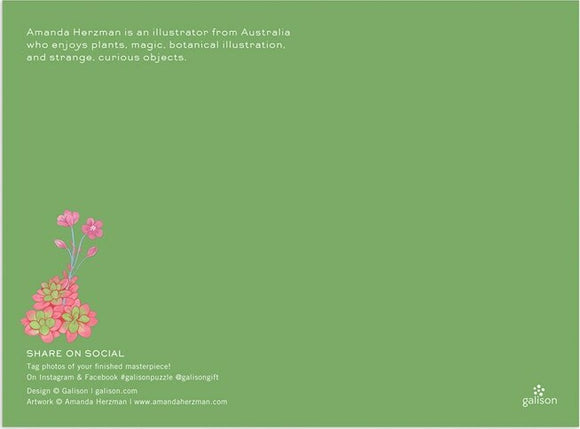 Desert Flora jigsaw puzzle by Galison featuring charming botanical illustrations by Amanda Herzman. The background is a soft green, adorned with colorful flowers, ideal for nature and puzzle enthusiasts alike.