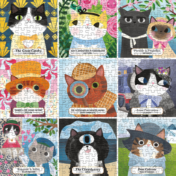 A jigsaw puzzle titled 'Bookish Cats' featuring nine whimsical cat illustrations based on classic literature. Each cat is depicted in a colorful artistic style with playful elements, like hats and accessories, alongside book titles like 'The Great Gatsby' and 'Pride and Prejudice'. The puzzle pieces are interlocked and show a vibrant, engaging design that appeals to cat lovers and book enthusiasts alike.