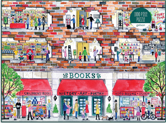 A vibrant and colorful illustration of a bookstore scene, depicting people browsing books, attending an author event, children in a story time area, and various sections labeled as Children's Books, History, Art, Poetry, Used Books, and Science. The artwork features detailed storefronts and lively interactions among customers, capturing the essence of a bustling bookstore environment.