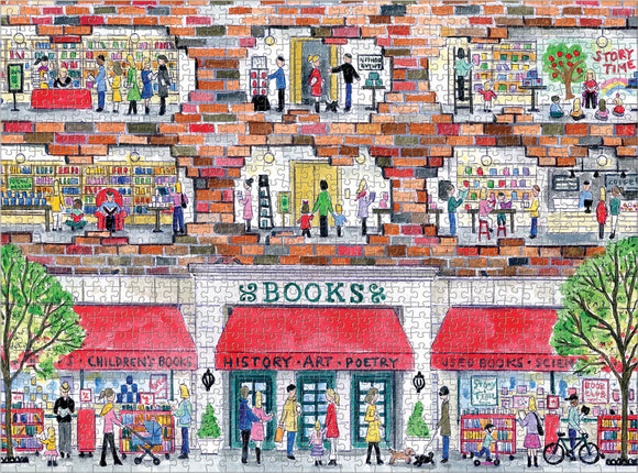 A colorful jigsaw puzzle titled 'A Day at the Bookstore' by Galison. The image showcases a vibrant bookstore scene with various people browsing books, reading, and attending a storytime event, set against a brick backdrop. Details include different sections of the bookstore, trees outside, and shoppers enjoying their time in a lively atmosphere.