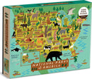Colorful jigsaw puzzle depicting a map of the National Parks of America. The illustration features iconic parks like Yosemite and Yellowstone, along with various animal illustrations, trees, and geographical details. The puzzle contains 1000 pieces and is designed by Galison.