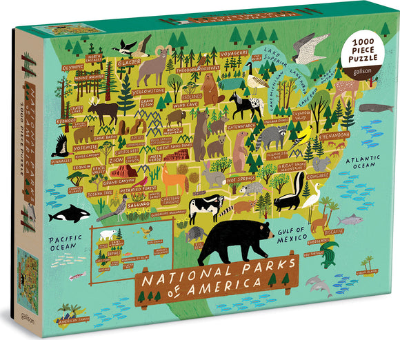 Colorful jigsaw puzzle depicting a map of the National Parks of America. The illustration features iconic parks like Yosemite and Yellowstone, along with various animal illustrations, trees, and geographical details. The puzzle contains 1000 pieces and is designed by Galison.