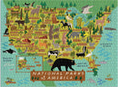 A colorful jigsaw puzzle titled 'National Parks of America' featuring a detailed map of various national parks across the United States. The design includes artistic illustrations of park names, wildlife, trees, mountains, and bodies of water, making it a vibrant educational tool for nature lovers and puzzle enthusiasts alike.