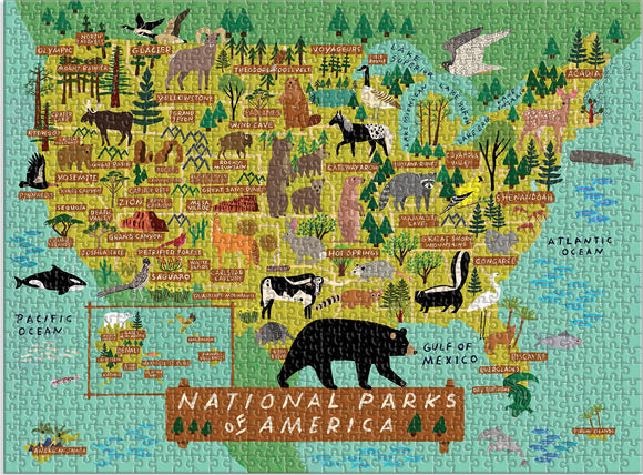 A colorful jigsaw puzzle titled 'National Parks of America' featuring a detailed map of various national parks across the United States. The design includes artistic illustrations of park names, wildlife, trees, mountains, and bodies of water, making it a vibrant educational tool for nature lovers and puzzle enthusiasts alike.