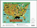 Colorful jigsaw puzzle depicting a detailed map of the National Parks of America, featuring illustrations of various animals and landmarks. The puzzle contains 1000 pieces and is designed by Anne Bentley for Galison. It showcases parks like Yellowstone, Grand Canyon, Yosemite, and Acadia, surrounded by vibrant colors and nature motifs.
