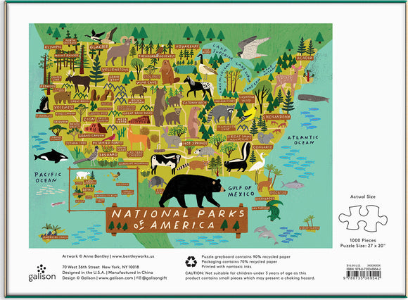 Colorful jigsaw puzzle depicting a detailed map of the National Parks of America, featuring illustrations of various animals and landmarks. The puzzle contains 1000 pieces and is designed by Anne Bentley for Galison. It showcases parks like Yellowstone, Grand Canyon, Yosemite, and Acadia, surrounded by vibrant colors and nature motifs.