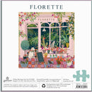 A colorful 500-piece jigsaw puzzle titled 'Florette' by Galison, featuring a charming floral shop filled with vibrant plants, flowers, and a cat. The scene is illuminated by soft light, creating a cozy atmosphere. The puzzle measures 20x20 inches when completed and is designed by Victoria Ball.