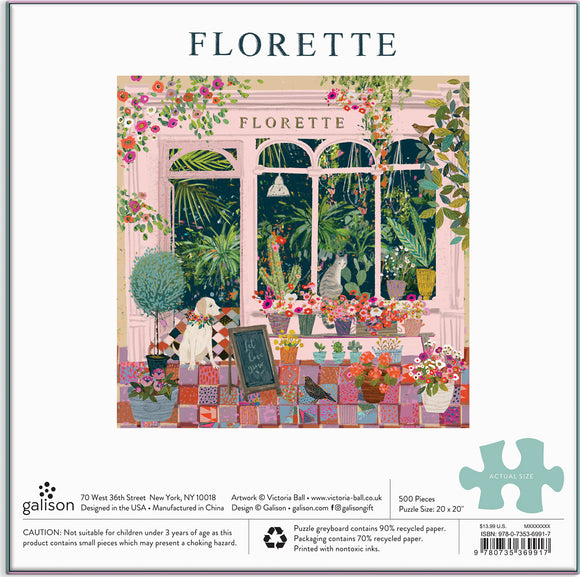 A colorful 500-piece jigsaw puzzle titled 'Florette' by Galison, featuring a charming floral shop filled with vibrant plants, flowers, and a cat. The scene is illuminated by soft light, creating a cozy atmosphere. The puzzle measures 20x20 inches when completed and is designed by Victoria Ball.