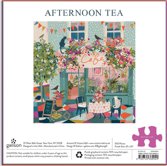 Afternoon Tea jigsaw puzzle by Galison featuring a charming café scene filled with colorful flowers, cats, and a cozy interior. The puzzle consists of 500 pieces and measures 20 x 20 inches, perfect for a relaxing afternoon activity. The artwork is designed by Victoria Ball and showcases a delightful café atmosphere with playful details.