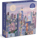 Galison City Lights 1000-piece jigsaw puzzle featuring a beautifully illustrated urban skyline at dusk, with colorful buildings and a soft glow from the city lights and moon.