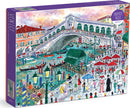 Michael Storrings Venice jigsaw puzzle by Galison featuring a colorful illustration of the iconic Rialto Bridge bustling with people, gondolas, and vibrant umbrellas, designed with 1500 pieces for an engaging build experience.