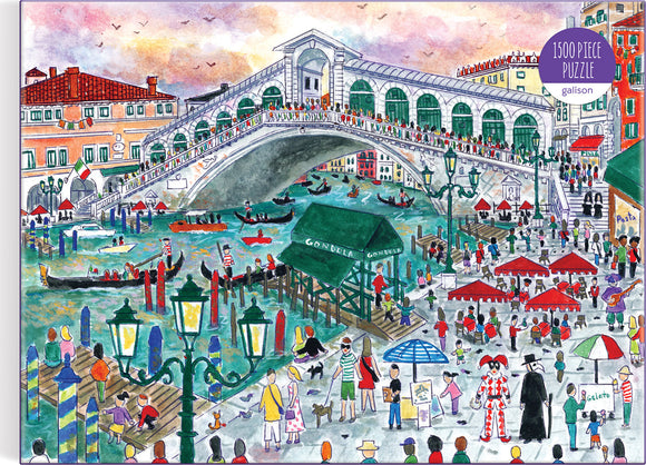 A colorful 1500-piece jigsaw puzzle featuring a lively scene of Venice. The image depicts the iconic Rialto Bridge, gondolas on the canal, and crowds enjoying the atmosphere, surrounded by charming architecture and vibrant market stalls.
