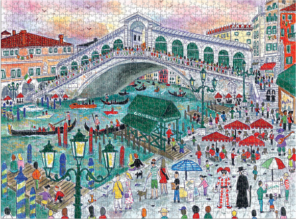 A colorful jigsaw puzzle depicting a bustling Venice scene featuring the iconic Rialto Bridge. People walk along the waterside, while gondolas glide through the canals. Umbrellas and market stalls add vibrancy to this lively waterfront portrayal.