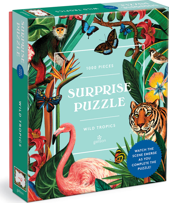 The Wild Tropics Surprise Puzzle by Galison features vibrant artwork depicting a lush tropical scene, complete with a flamingo, tiger, and colorful butterflies. This 1000-piece jigsaw puzzle challenges you to piece together the lively design while revealing hidden details as you progress. The box showcases the artistic imagery, making it an engaging activity for puzzle enthusiasts and nature lovers alike.