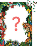 Wild Tropics Surprise Puzzle by Galison featuring colorful illustrations of tropical animals including a tiger, monkey, and various birds surrounded by vibrant flowers. Pieces scattered around the edges enhance the playful theme.