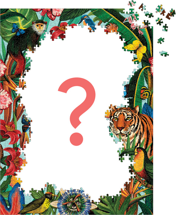 Wild Tropics Surprise Puzzle by Galison featuring colorful illustrations of tropical animals including a tiger, monkey, and various birds surrounded by vibrant flowers. Pieces scattered around the edges enhance the playful theme.
