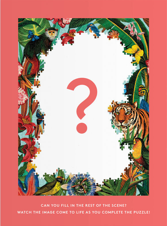 The Wild Tropics Surprise Puzzle features a vibrant, colorful design with various tropical animals and plants along the edges. A question mark is prominently displayed in the center, indicating the mystery to be uncovered as the puzzle is assembled. The artwork showcases a mix of wildlife, including a tiger, monkeys, and colorful birds amidst lush foliage, inviting players to engage and discover the completed image.