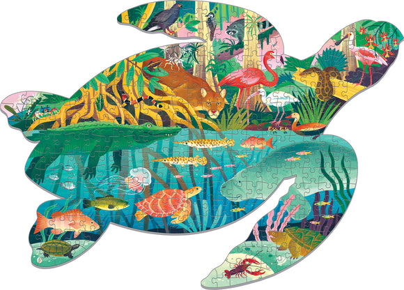 Colorful Wetlands Shaped Jigsaw Puzzle featuring intricate illustrations of various wetland animals including flamingos, turtles, fish, and a jungle background. The puzzle is shaped like a turtle, enhancing its visual appeal and interest for both children and adults.