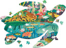 A vibrant shaped jigsaw puzzle depicting a wetland scene featuring various animals such as turtles, fish, and flamingos among colorful plants. The puzzle pieces include sections of the aquatic environment and wildlife, inviting engagement and creativity.
