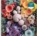 A vibrant and colorful assortment of various mushrooms arranged neatly on a textured background of pebbles and foliage. The puzzle features a stunning display of mushrooms including reds, yellows, purples, and creams, showcasing their unique shapes and characteristics. This 500-piece jigsaw puzzle captures the beauty of nature and is perfect for puzzle enthusiasts and nature lovers alike.