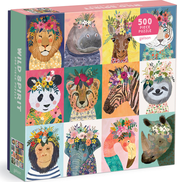 The Wild Spirit jigsaw puzzle by Galison features a vibrant collage of 12 animal portraits, each adorned with floral crowns. The designs include a lion, panda, hippo, giraffe, and sloth, among others. This 500-piece puzzle is perfect for both adults and children, providing hours of enjoyable entertainment while celebrating wildlife artistry.