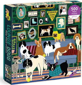 The Lounge Dogs Foil jigsaw puzzle by Galison features an illustration of various dog breeds lounging on a couch, surrounded by framed dog-themed art. The scene is colorful and playful, showcasing a cozy home environment with several playful puppies and dogs, including a corgi, a bulldog, and a beagle. The puzzle contains 500 pieces, making it suitable for both children and adults who enjoy assembling jigsaw puzzles.